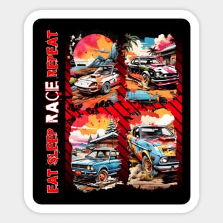 EAT SLEEP RACE REPEAT VINTAGE RACE CARS VIBRANT BACKGROUND ENVIRONMENTS Sticker